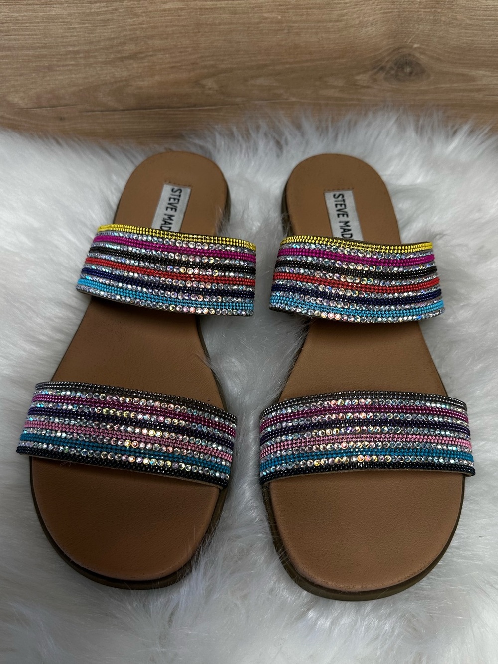 Steve Madden Multicolor Beaded Slide Sandals - Tan Footbed - Picture 2 of 8
